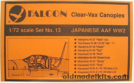 Falcon 1/72 Clear-Vax Upgrade Canopies Ki-27 Nate/Ki-36 Ida/Ki-43 Oscar/Ki-44 Tojo/Ni-45 Nick/Ki-51 Sonia/Ki-61 Tony/Ki-100x4/Ki-84 Frank, 13 plastic model kit